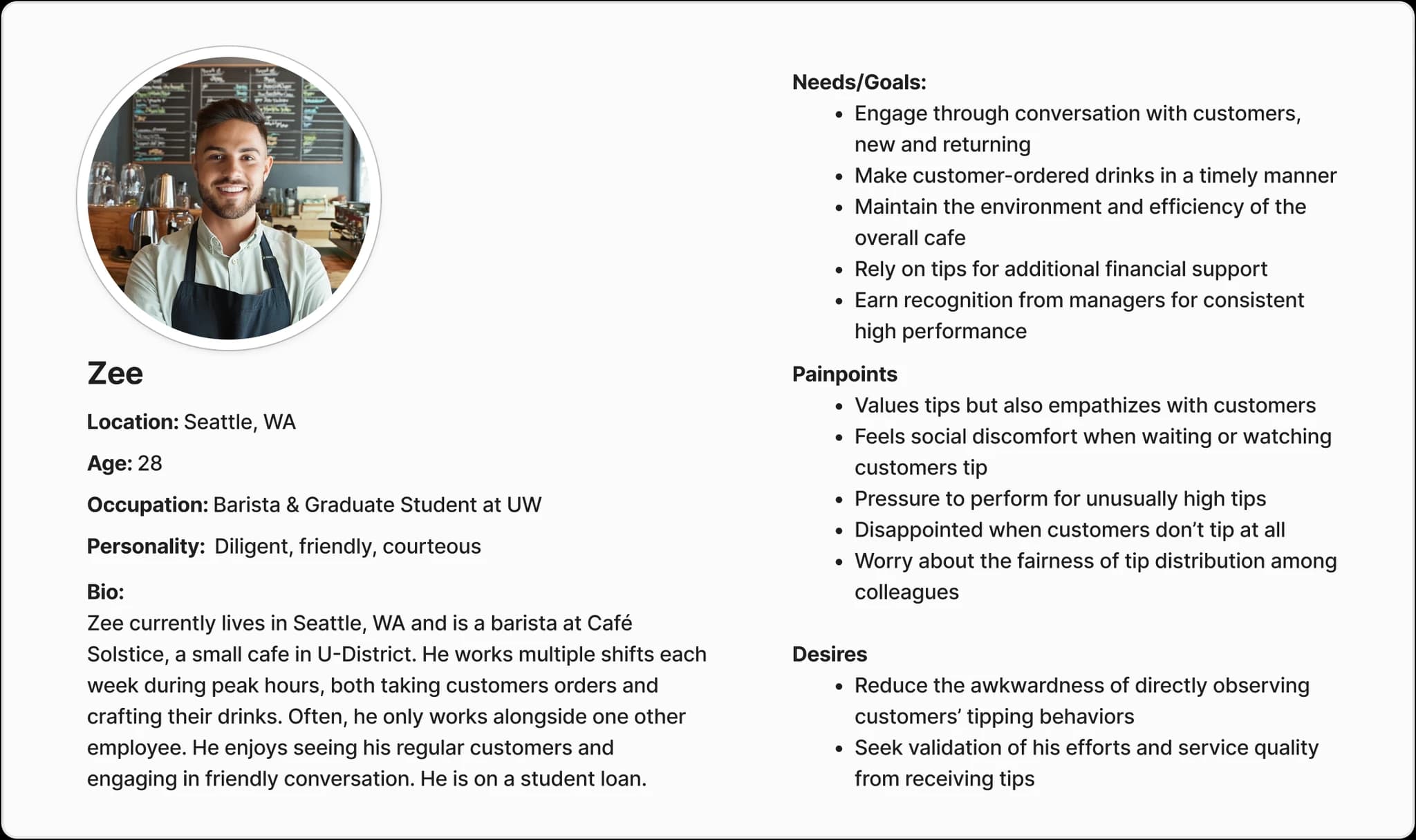 Persona 2 — informed by our customer and barista research.