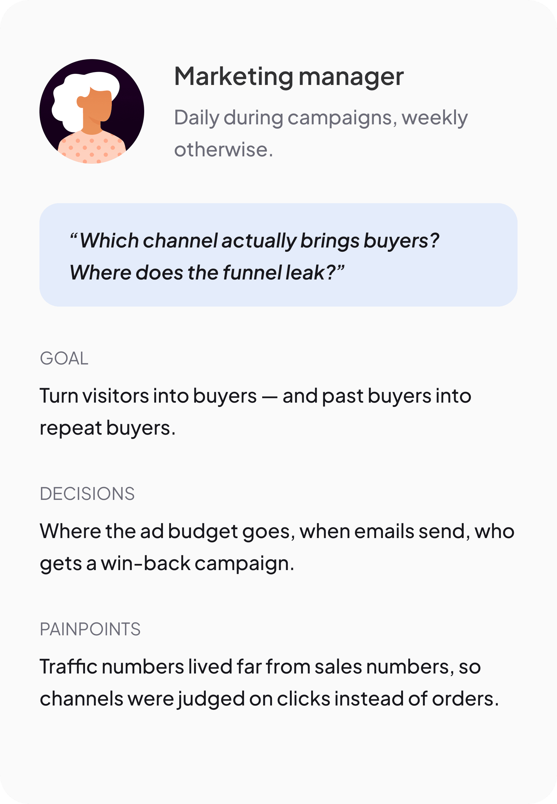 Marketing manager persona — daily during campaigns. Asks which channel actually brings buyers and where the funnel leaks. Traffic numbers used to sit far from sales numbers, so channels were judged on clicks instead of orders.