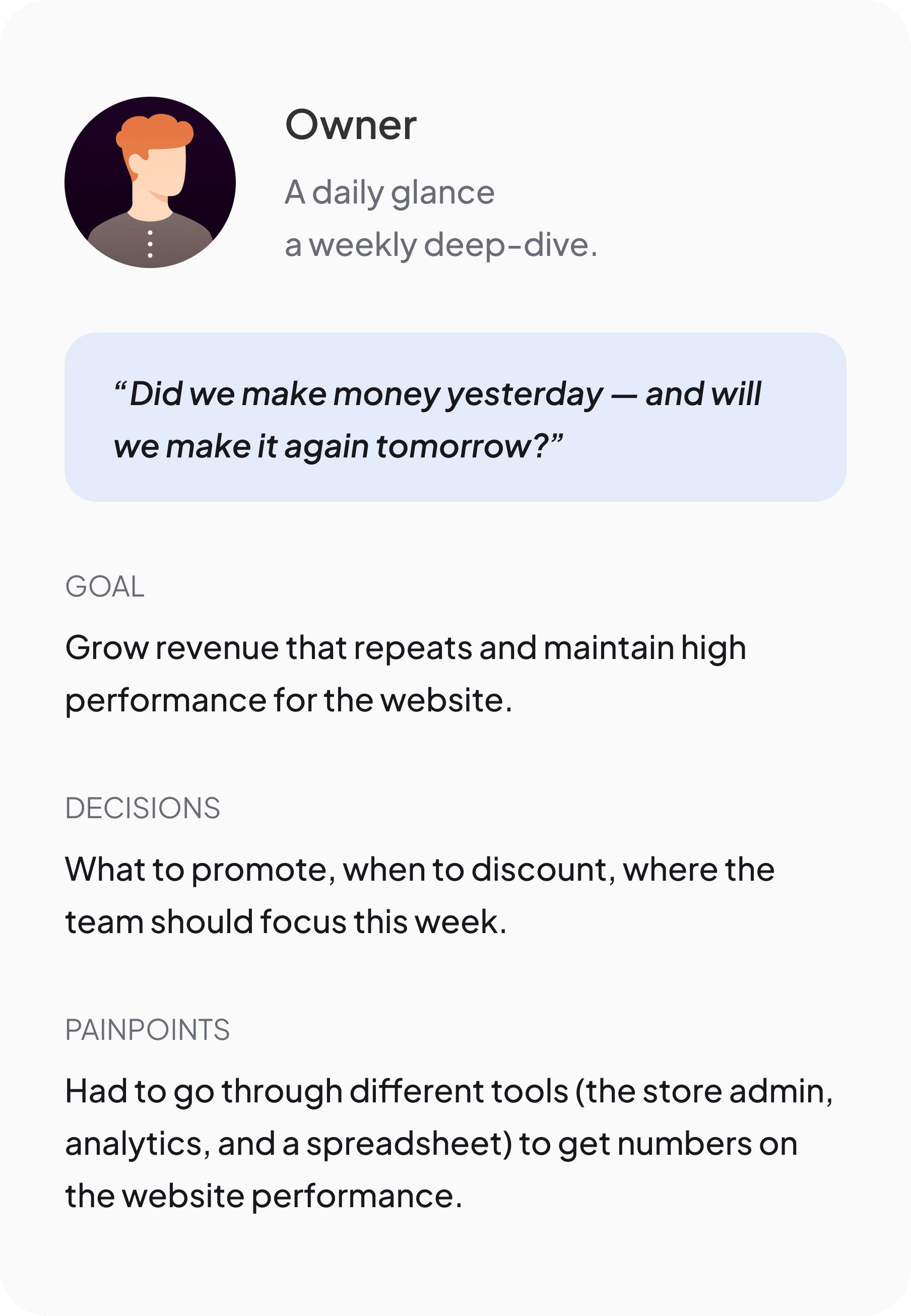 Owner persona — checks in daily, deep-dives weekly. Asks whether the business made money yesterday and will again tomorrow. Wants repeatable revenue; previously had to cross-reference the store admin, analytics and a spreadsheet.