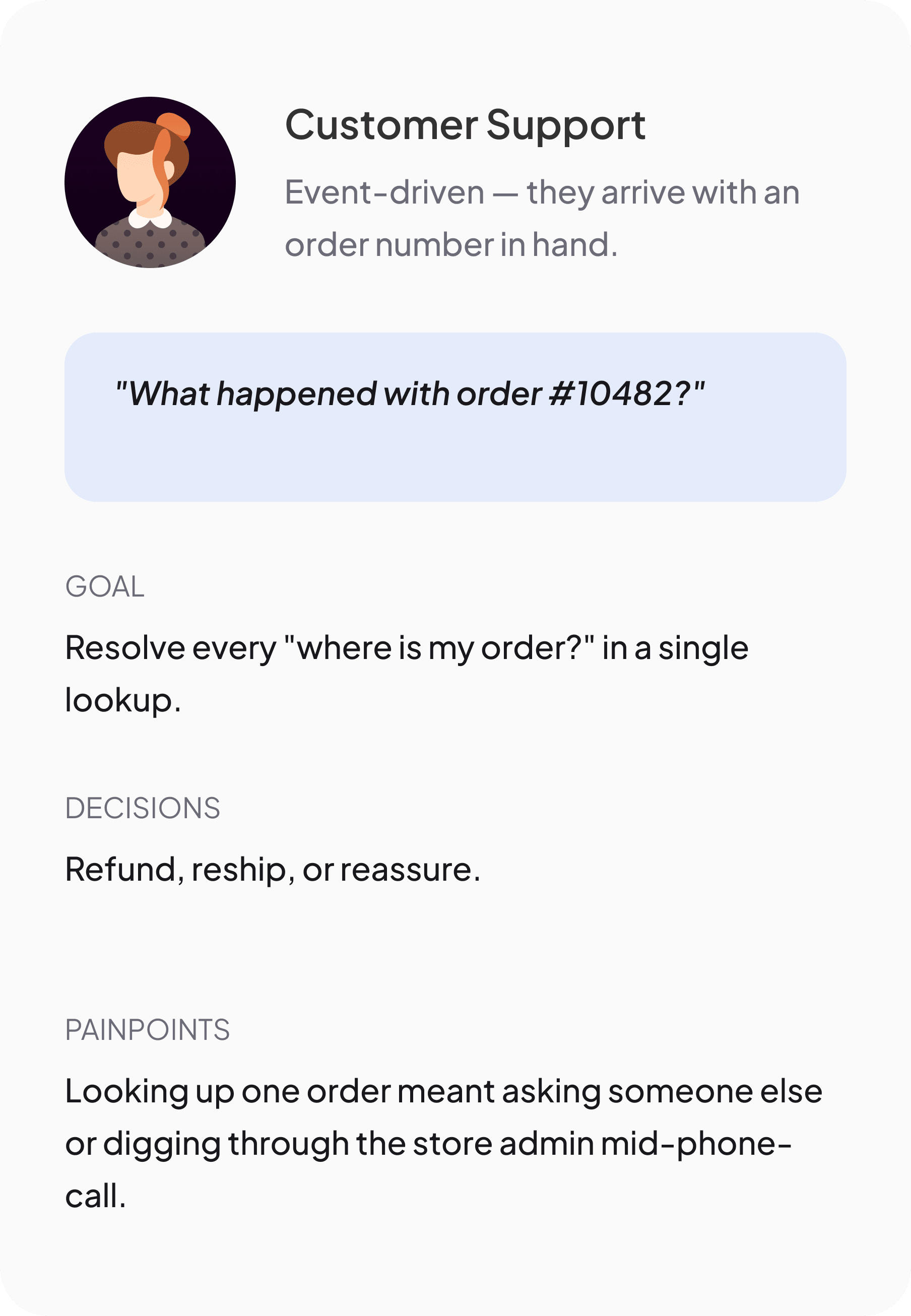Customer Support persona — event-driven, arrives with an order number. Needs to resolve any where-is-my-order question in a single lookup, instead of digging through the store admin mid-call.