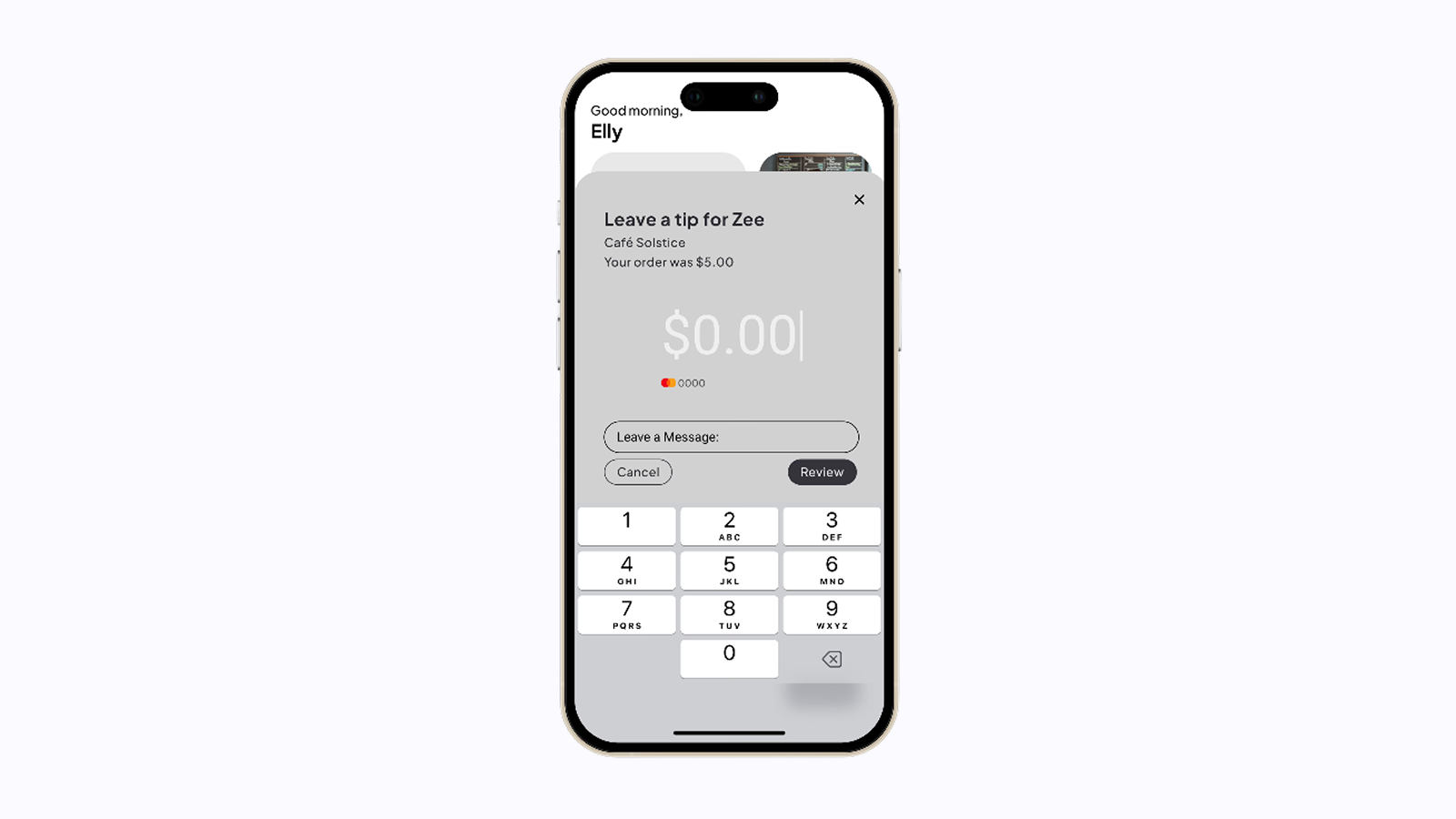 Blend App — tip amount with no order context (before).