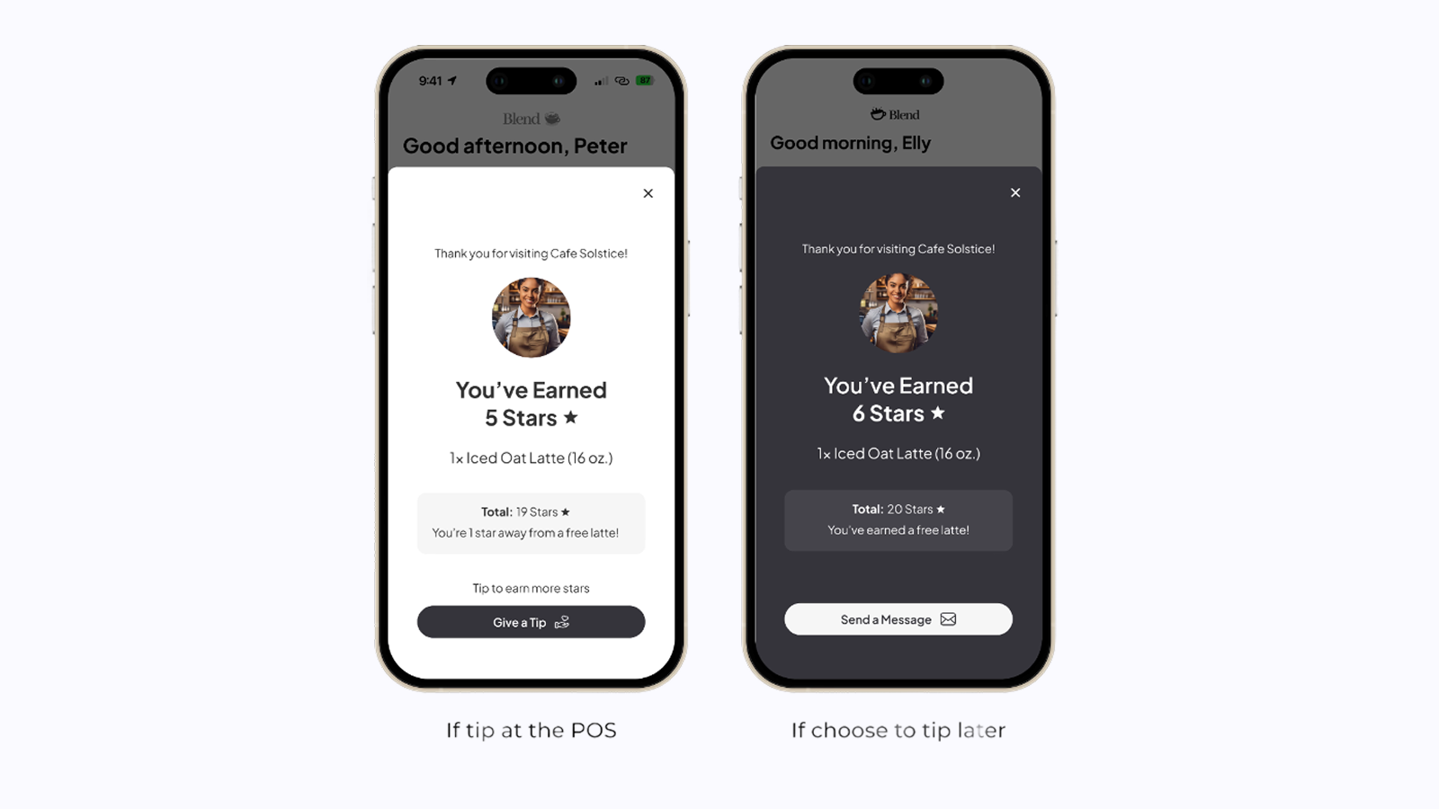 Blend App — total rewards surfaced on launch, with distinct tip-now vs. tip-later color schemes (after).
